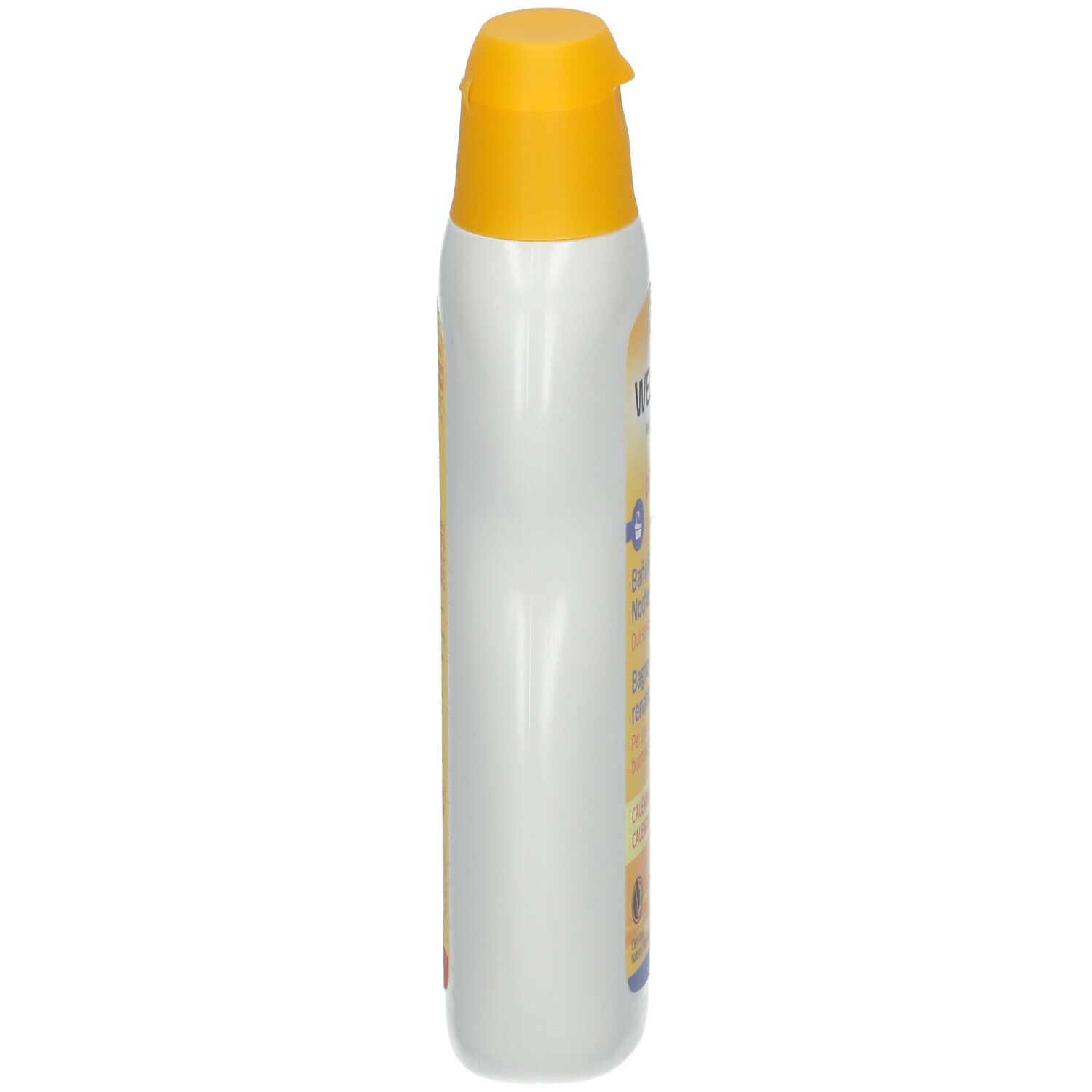 Flacone Weleda Baby bianco, vista laterale. Tappo giallo. Etichetta gialla con testo.