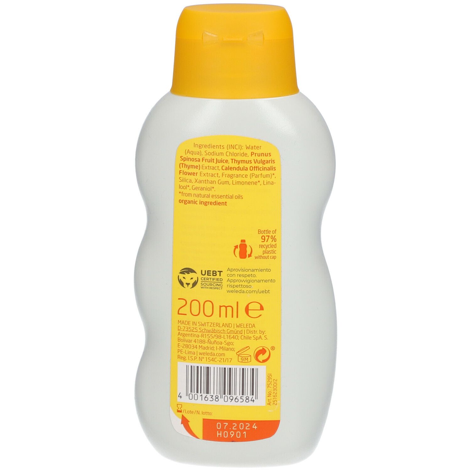 Retro del flacone Weleda Baby. Ingredienti, 200 ml, simbolo di riciclo, certificazione UEST, scadenza.