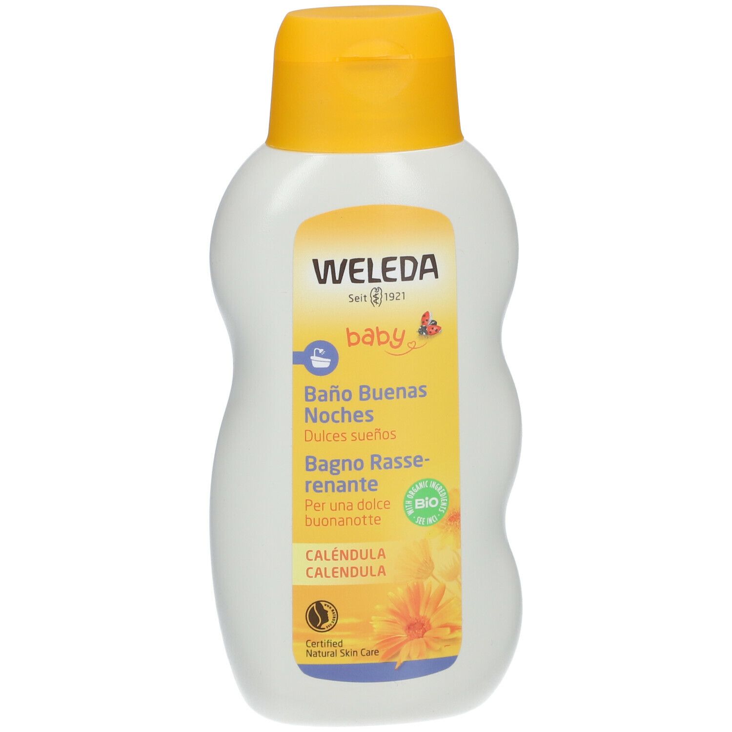 Flacone bianco Weleda Baby con tappo giallo. Etichetta gialla con testo: Baby, Baño Buenas Noches, Calendula. Certificazione Bio.