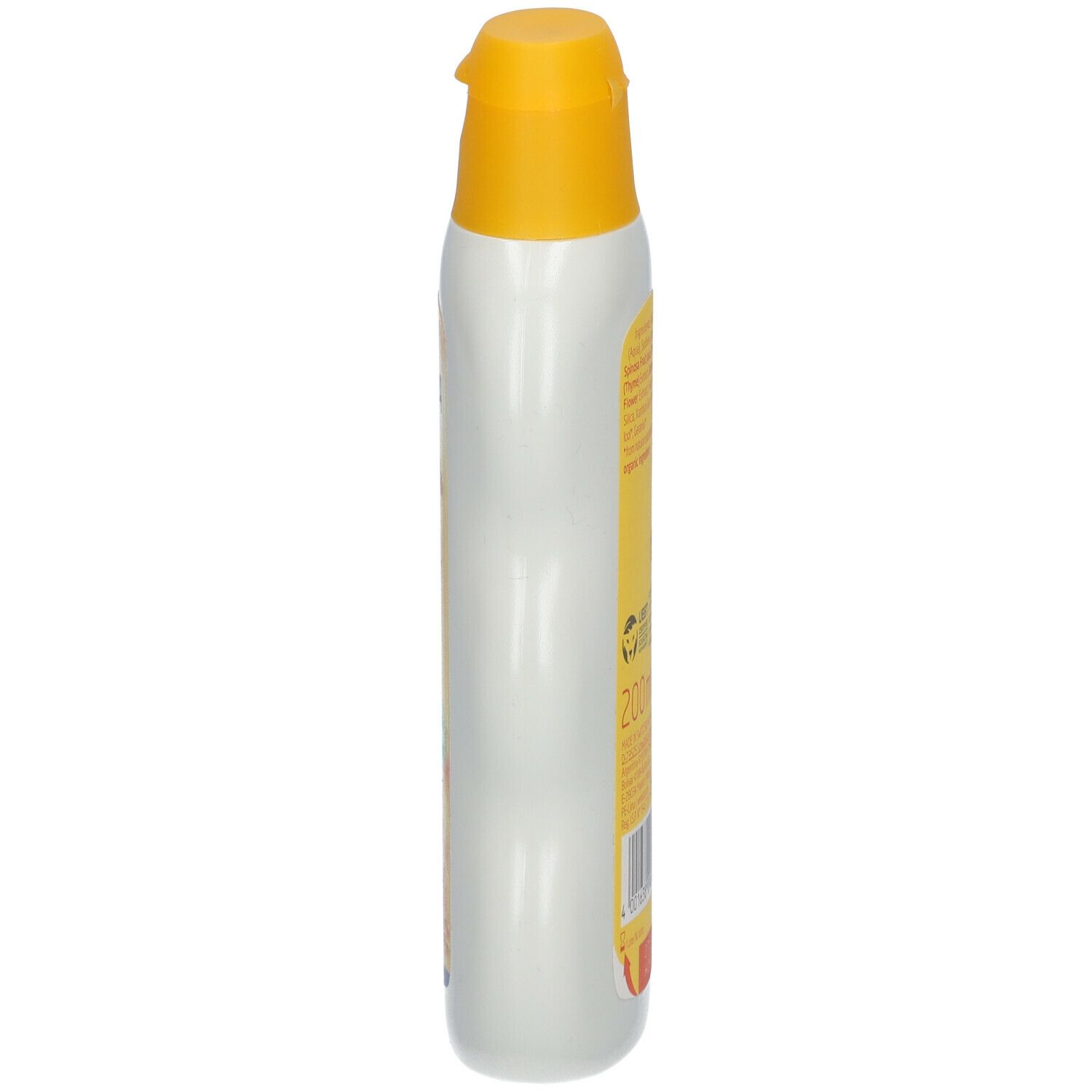 Flacone Weleda Baby, vista laterale. Tappo giallo. Retro con testo e ingredienti.