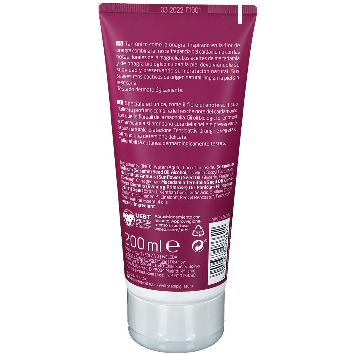 Retro del tubo di gel doccia Weleda. Testo: ingredienti, 200 ml, sigillo UEBT, origine Svizzera.