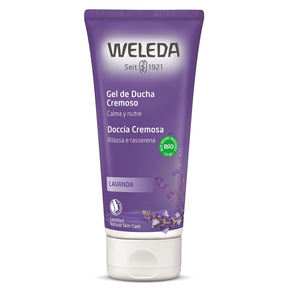 Lila Tube mit weißem Verschluss. Schriftzug: WELEDA, Gel de Ducha Cremoso, Lavanda. Bio-Siegel.