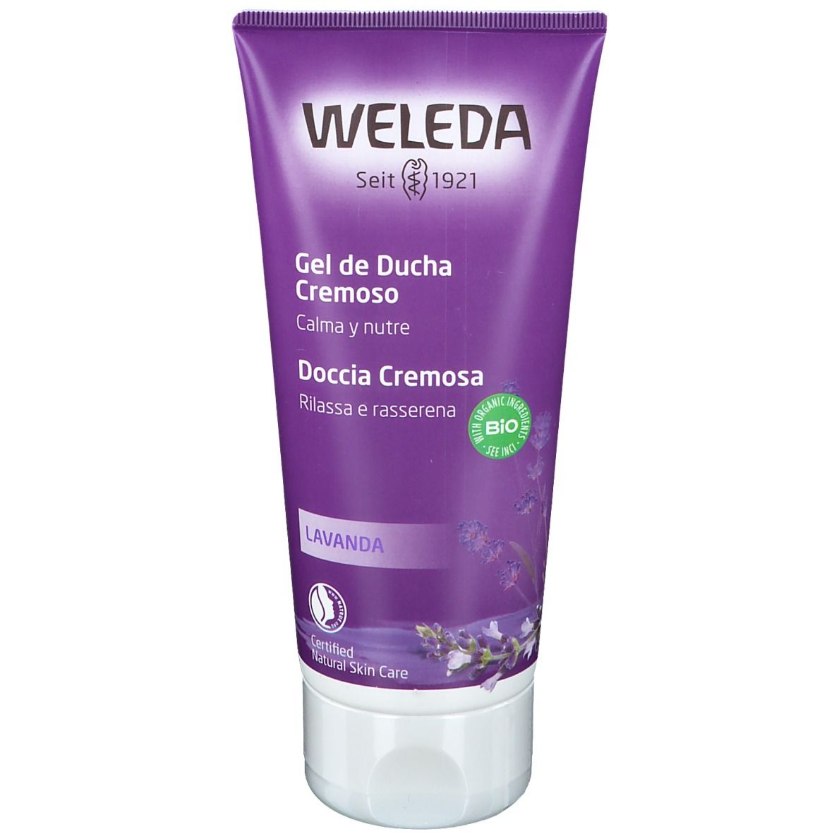 Lila Tube mit weißem Verschluss. Schriftzug: WELEDA, Gel de Ducha Cremoso, Lavanda. Bio-Siegel.