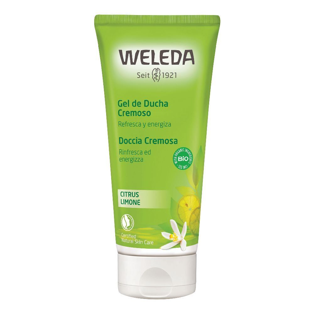 Grüne Tube mit weißem Verschluss. Aufschrift: WELEDA, Gel de Ducha Cremoso, Citrus Limone. Bio-Zertifizierung.