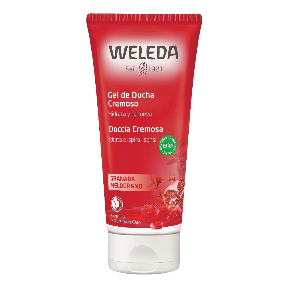 Tube rouge avec bouchon blanc. Inscription: Weleda, Gel de Ducha Cremoso, Grenade. Certification bio.