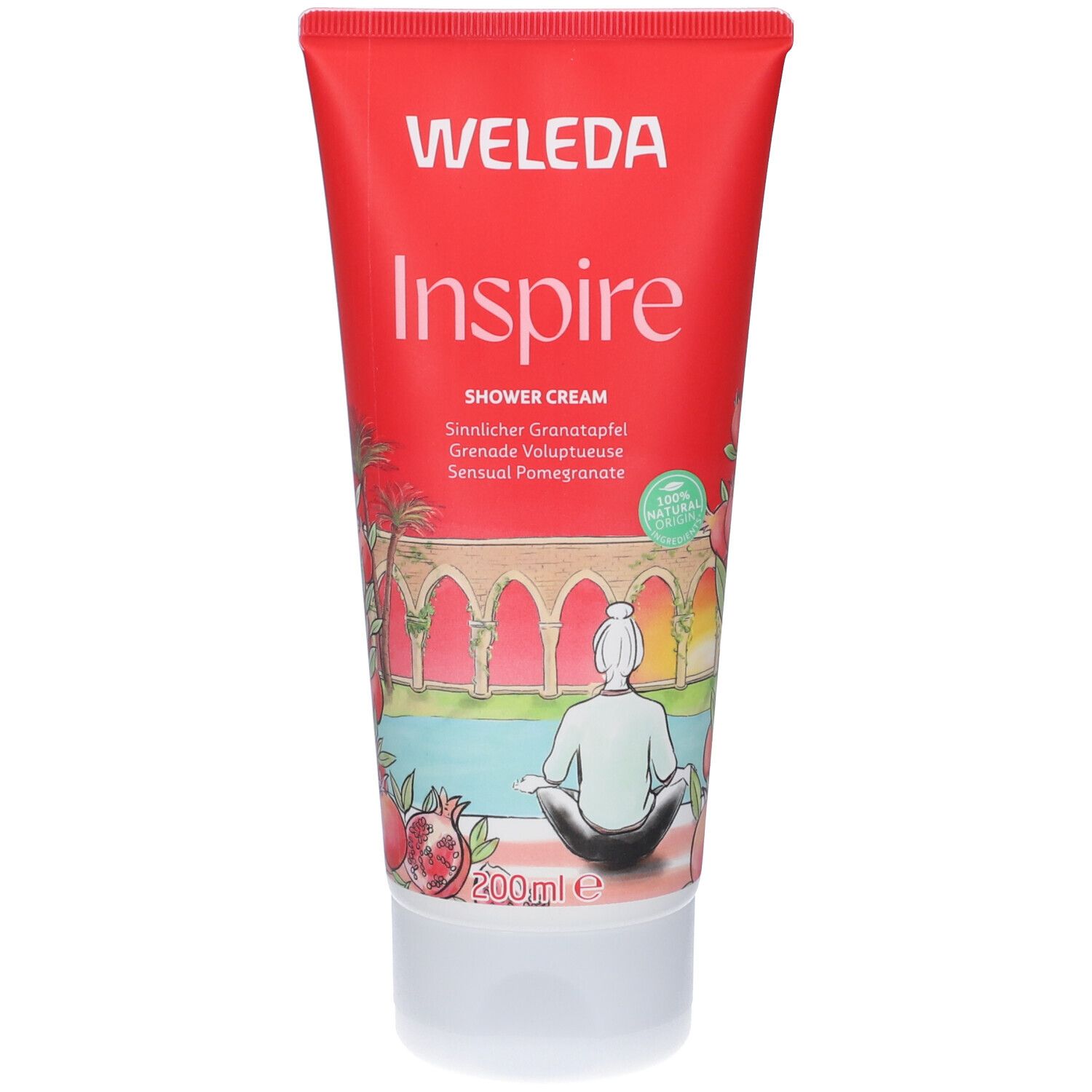 Tube rouge avec bouchon blanc. Inscription: Weleda Inspire Shower Cream. Illustration d'une femme. 200ml.