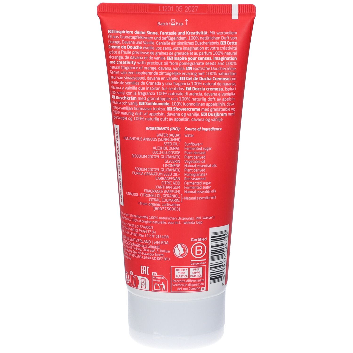 Tube rouge, dos avec texte et ingrédients. Certifications et logos. Bouchon blanc.