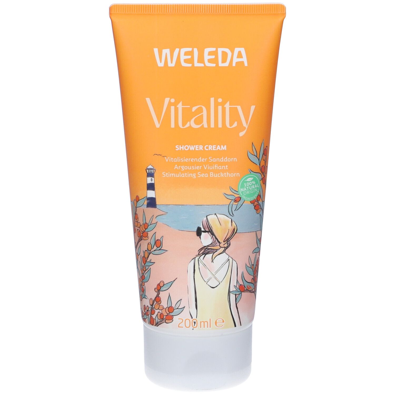Tube orange avec bouchon blanc. Inscription: WELEDA, Vitality, Shower Cream. Illustration : femme à la plage.