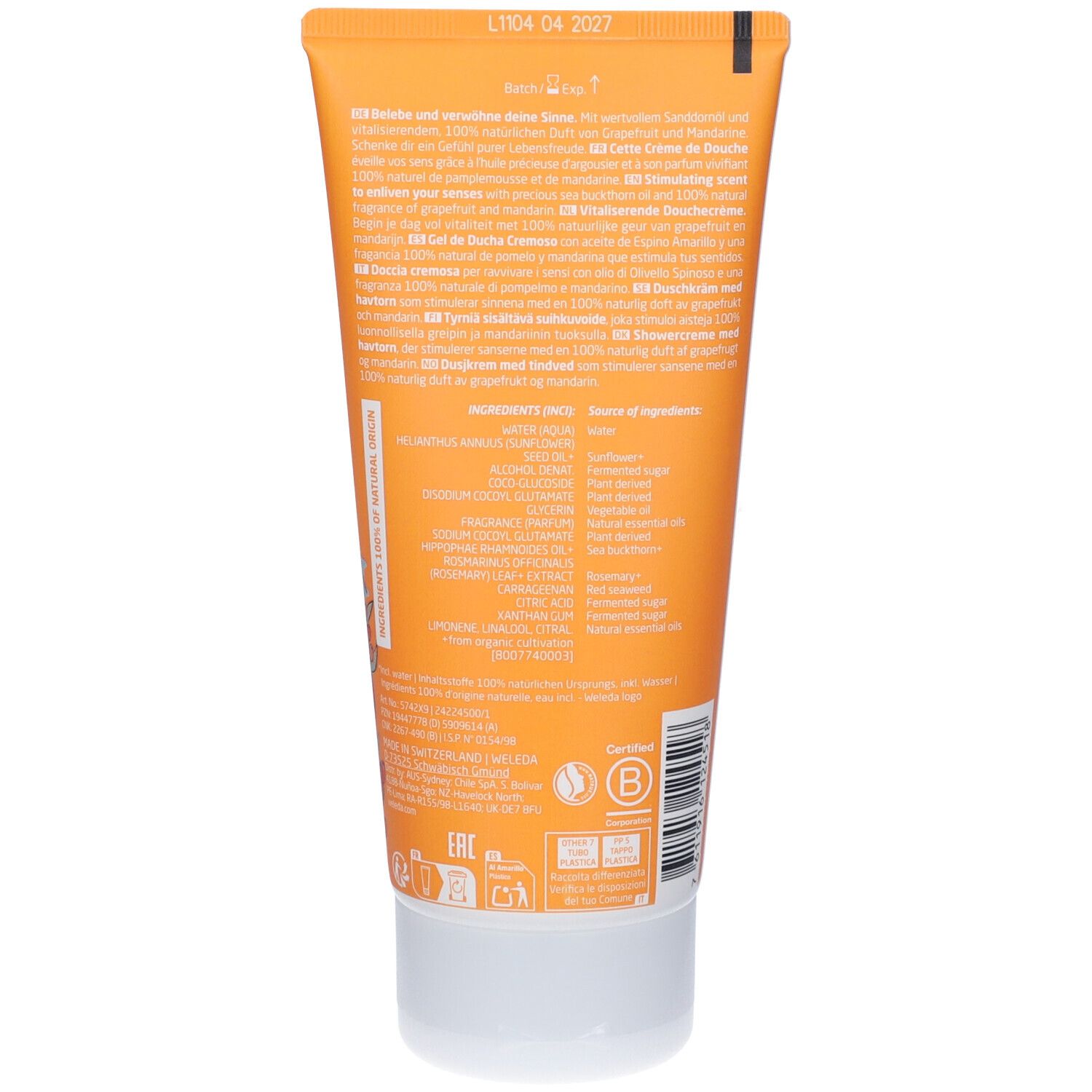 Dos d'un tube. Texte multilingue. Ingrédients et label bio. Bouchon blanc.