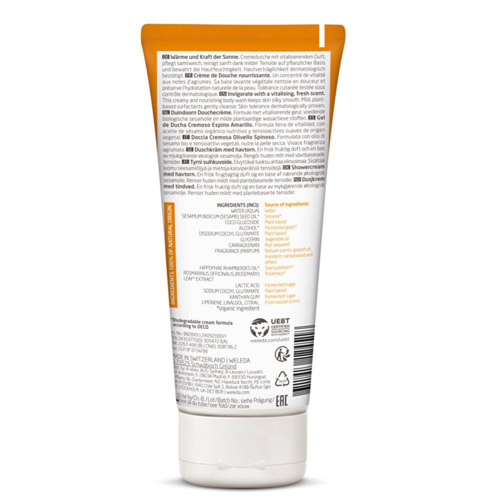 Dos d'un tube. Texte multilingue. Ingrédients et label bio. Bouchon blanc.