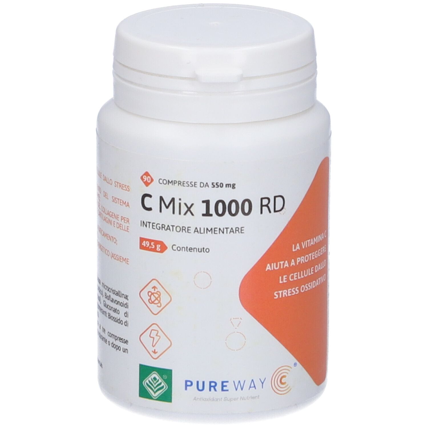 Flacone bianco C Mix 1000 RD. Etichetta arancione con testo. 90 compresse. Logo Pureway.