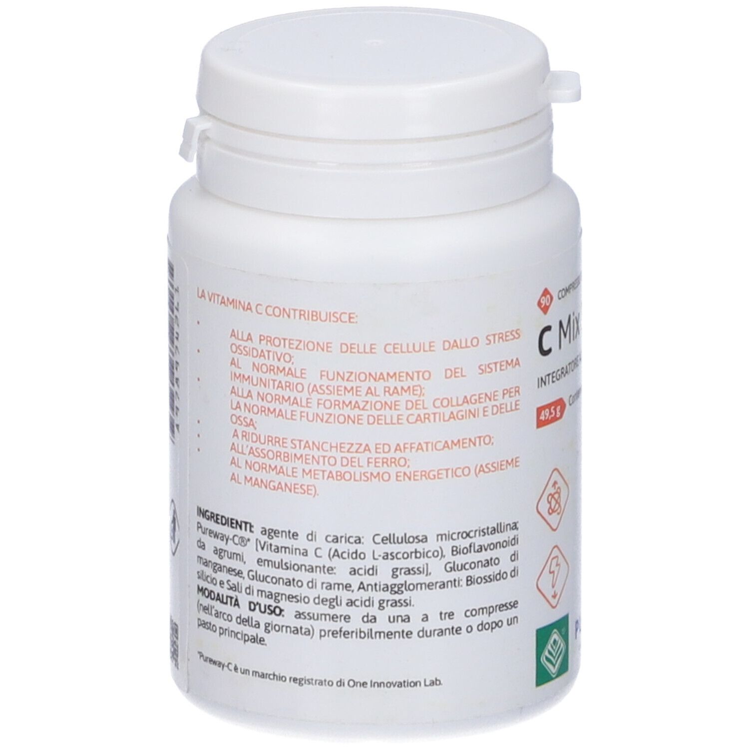 Retro del flacone bianco C Mix 1000 RD. Testo con ingredienti e istruzioni per l'uso. Logo Pureway.