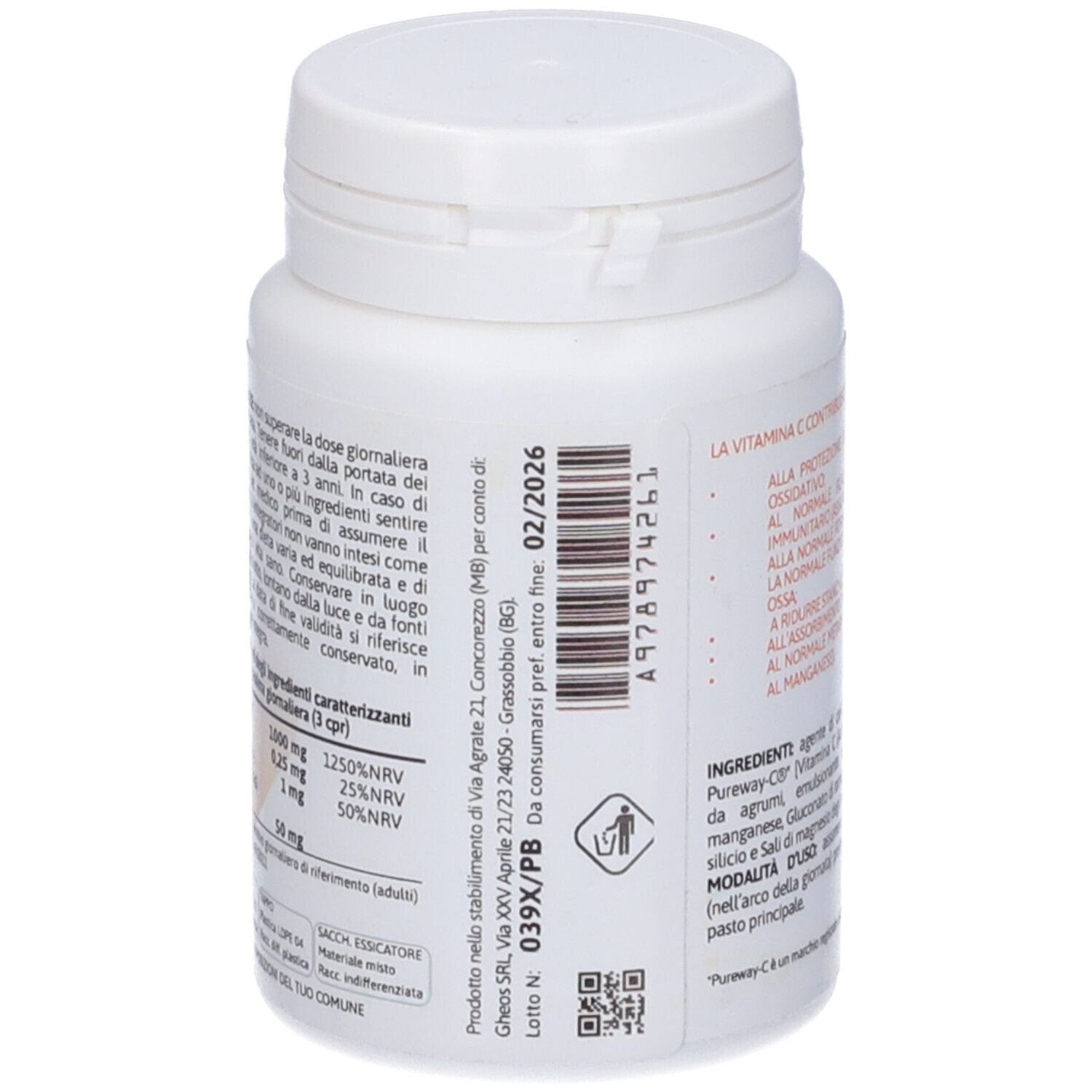 Retro del flacone bianco C Mix 1000 RD. Testo con ingredienti e data di scadenza. Codice QR.