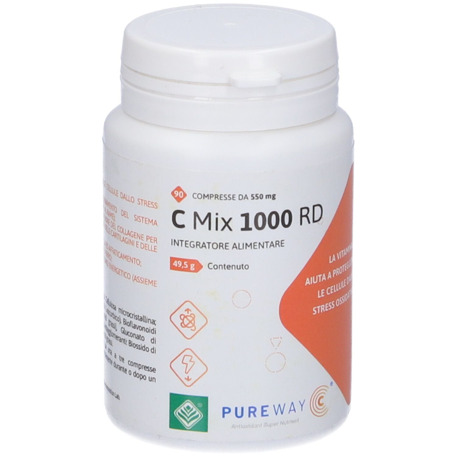 Flacone bianco C Mix 1000 RD. Etichetta arancione con testo. 90 compresse. Logo Pureway.