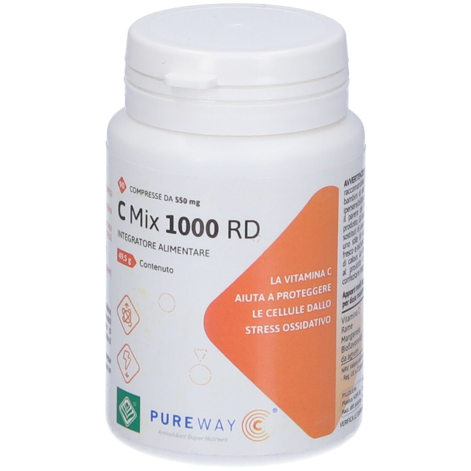 Flacone bianco C Mix 1000 RD. Etichetta arancione con testo. 90 compresse. Logo Pureway.