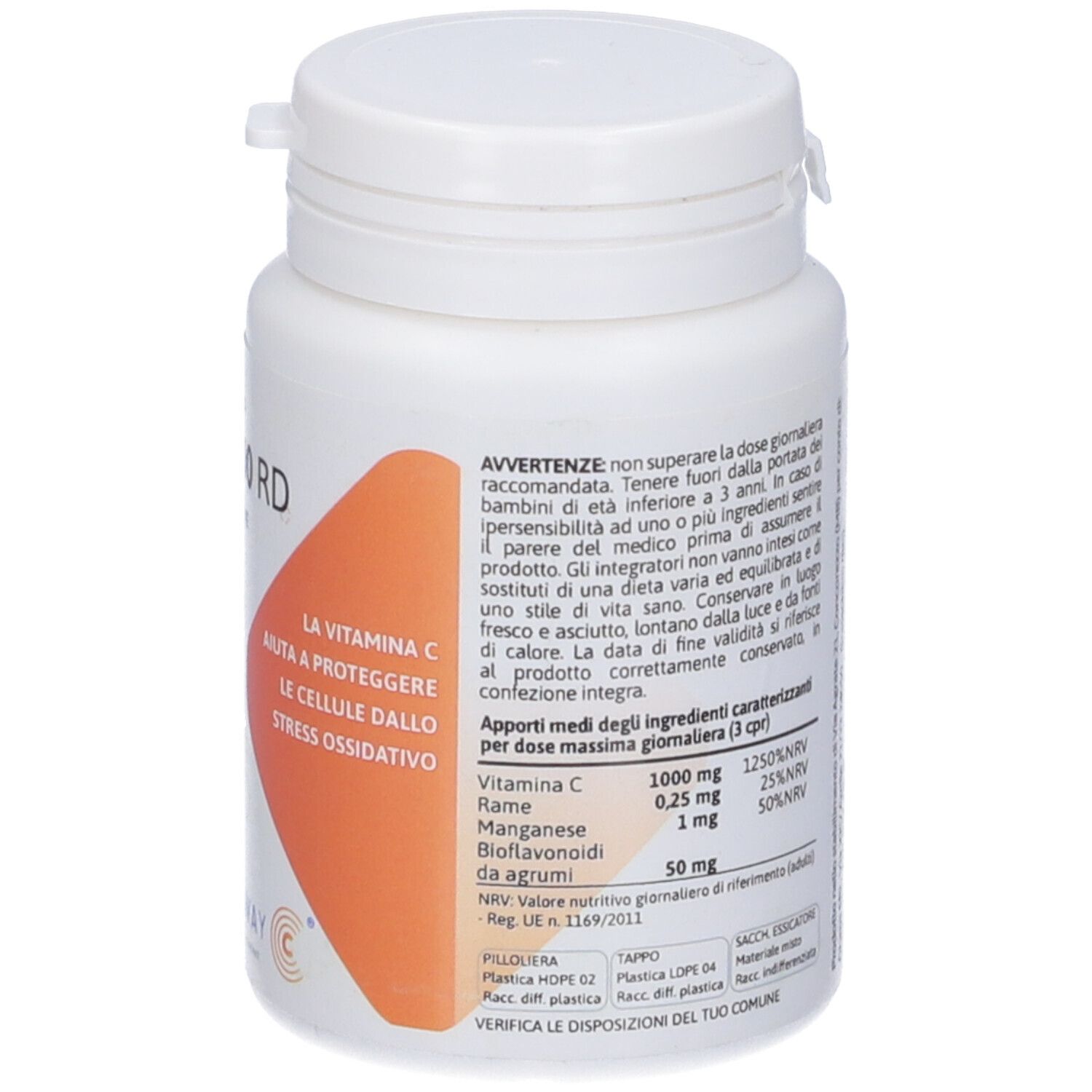 Retro del flacone bianco C Mix 1000 RD. Testo con ingredienti e informazioni nutrizionali. Logo Pureway.