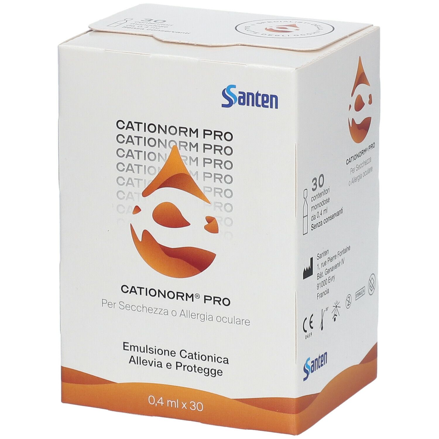 Scatola Cationorm Pro, 0,4 ml x 30. Scritto: Cationorm Pro, Emulsione Cationica, logo Santen, simbolo goccia.