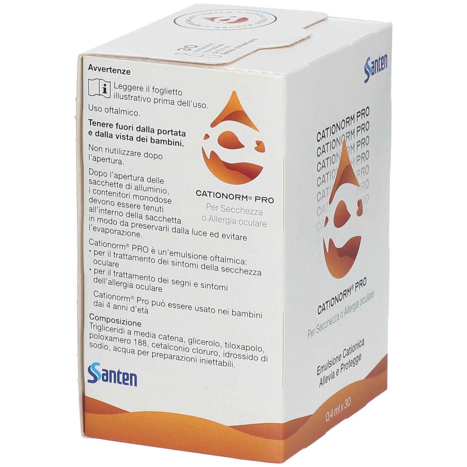 Scatola Cationorm Pro, 0,4 ml x 30. Scritto: Cationorm Pro, Emulsione Cationica, logo Santen, simbolo goccia, testo in italiano.