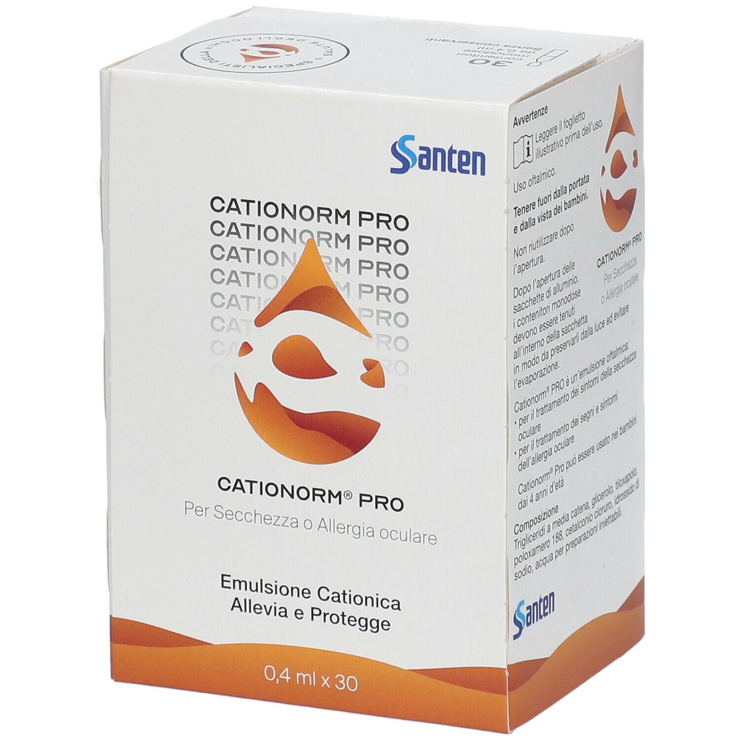 Scatola Cationorm Pro, 0,4 ml x 30. Scritto: Cationorm Pro, Emulsione Cationica, logo Santen, simbolo goccia, testo in italiano.