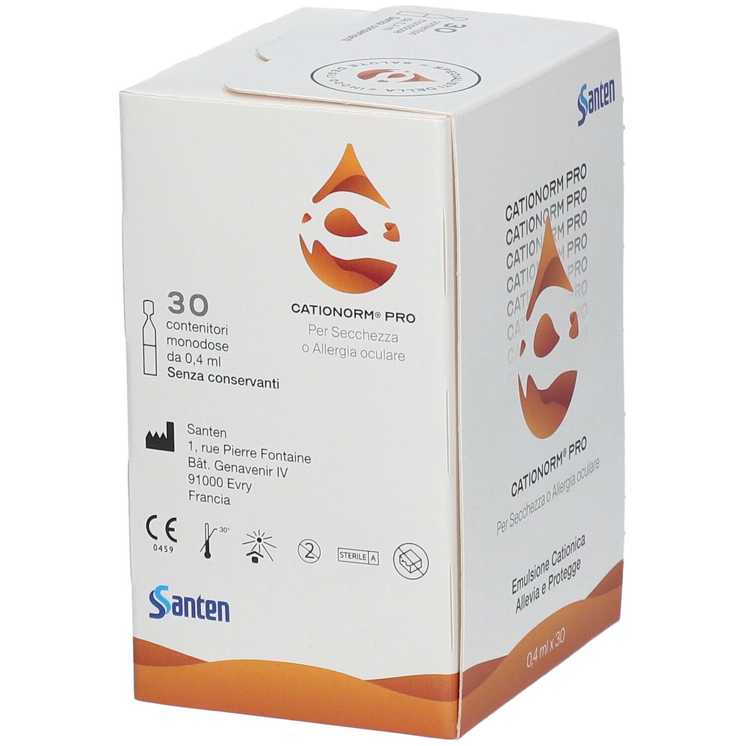 Scatola Cationorm Pro, 0,4 ml x 30. Scritto: Cationorm Pro, Emulsione Cationica, logo Santen, simbolo goccia, 30 monodose.