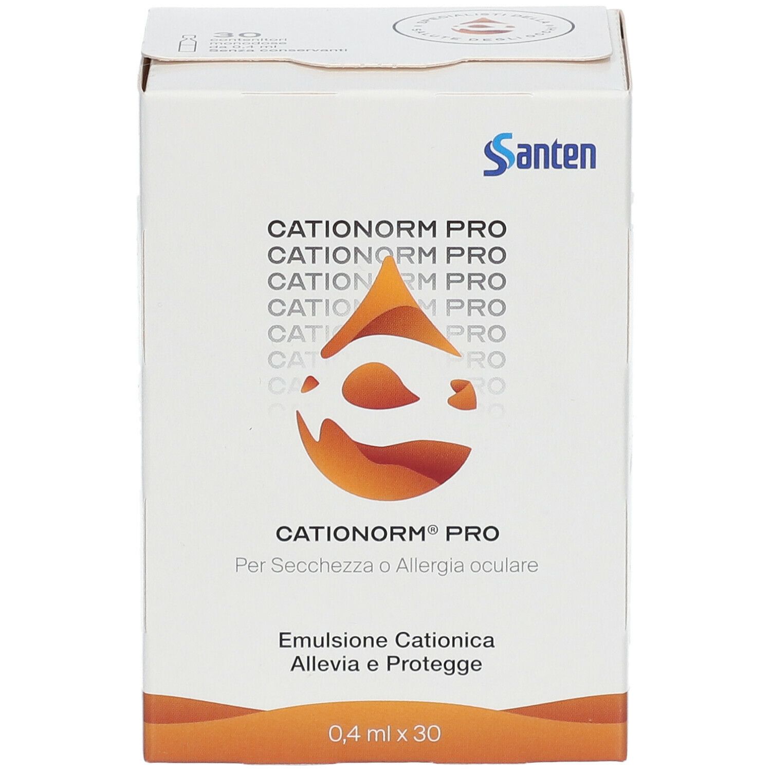 Scatola Cationorm Pro, 0,4 ml x 30. Scritto: Cationorm Pro, Emulsione Cationica, logo Santen, simbolo goccia.