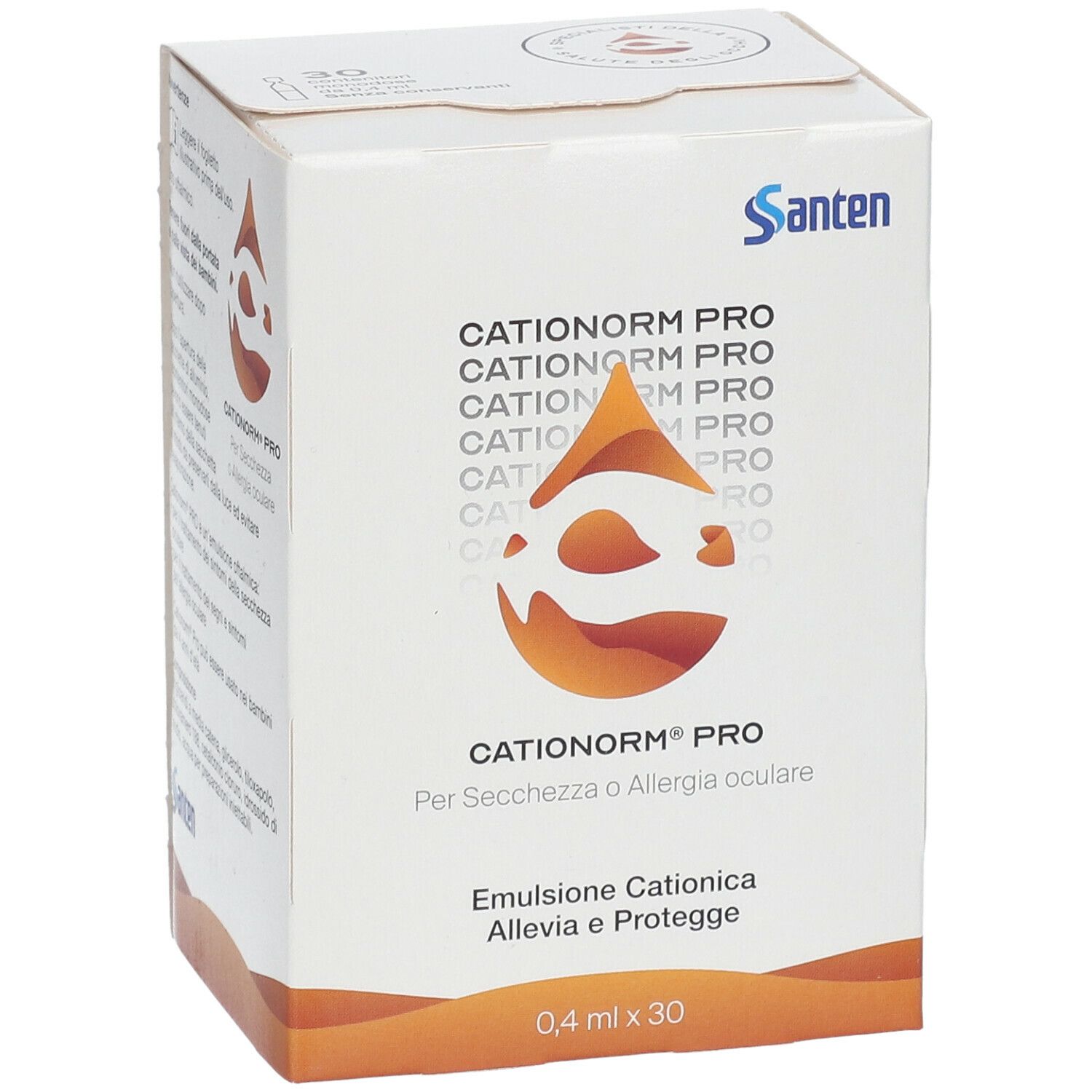 Scatola Cationorm Pro, 0,4 ml x 30. Scritto: Cationorm Pro, Emulsione Cationica, logo Santen, simbolo goccia.