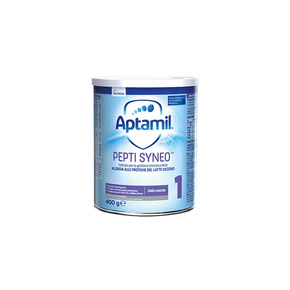 Lattina Aptamil Pepti Syneo 1 Polvere. Scritta 'Dalla nascita'. Contenuto 400g. Per neonati.