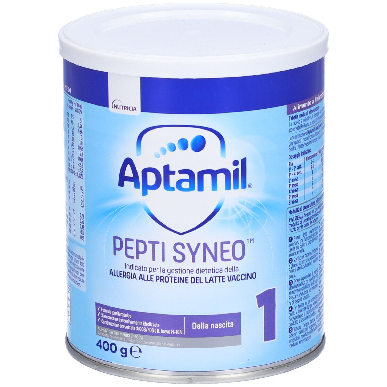 Lattina Aptamil Pepti Syneo 1 Polvere con coperchio. Scritta 'Dalla nascita'. 400g.