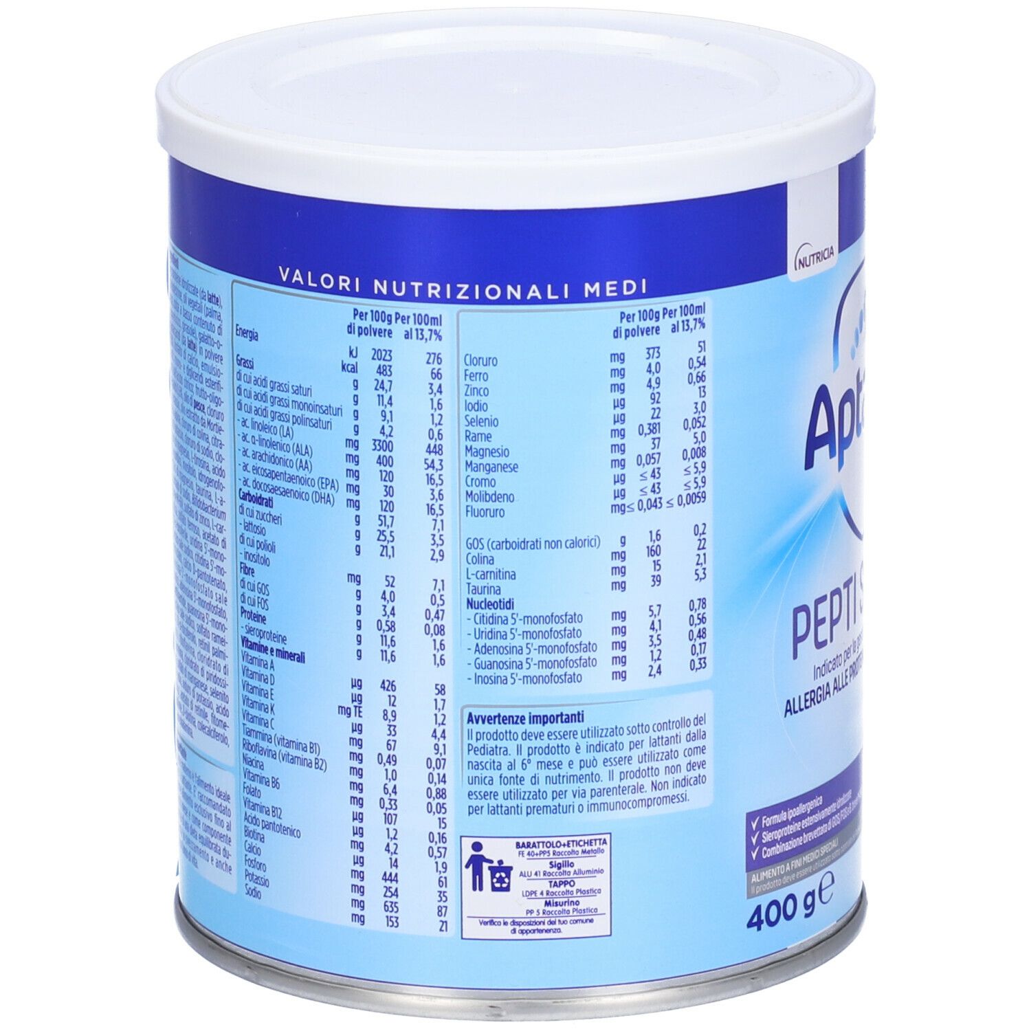 Retro della lattina Aptamil Pepti Syneo 1 Polvere. Valori nutrizionali e ingredienti. 400g.