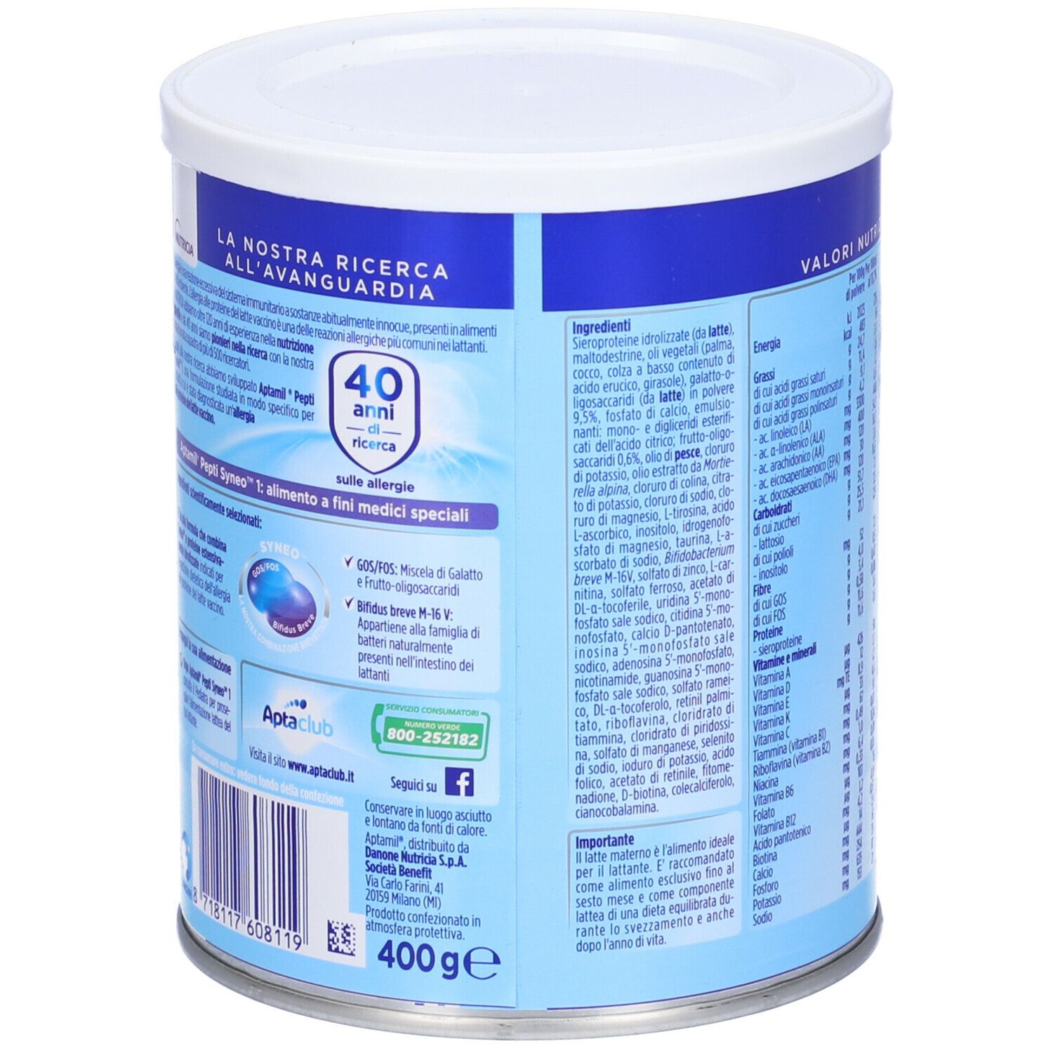 Retro della lattina Aptamil Pepti Syneo 1 Polvere. Informazioni e ingredienti. 400g.