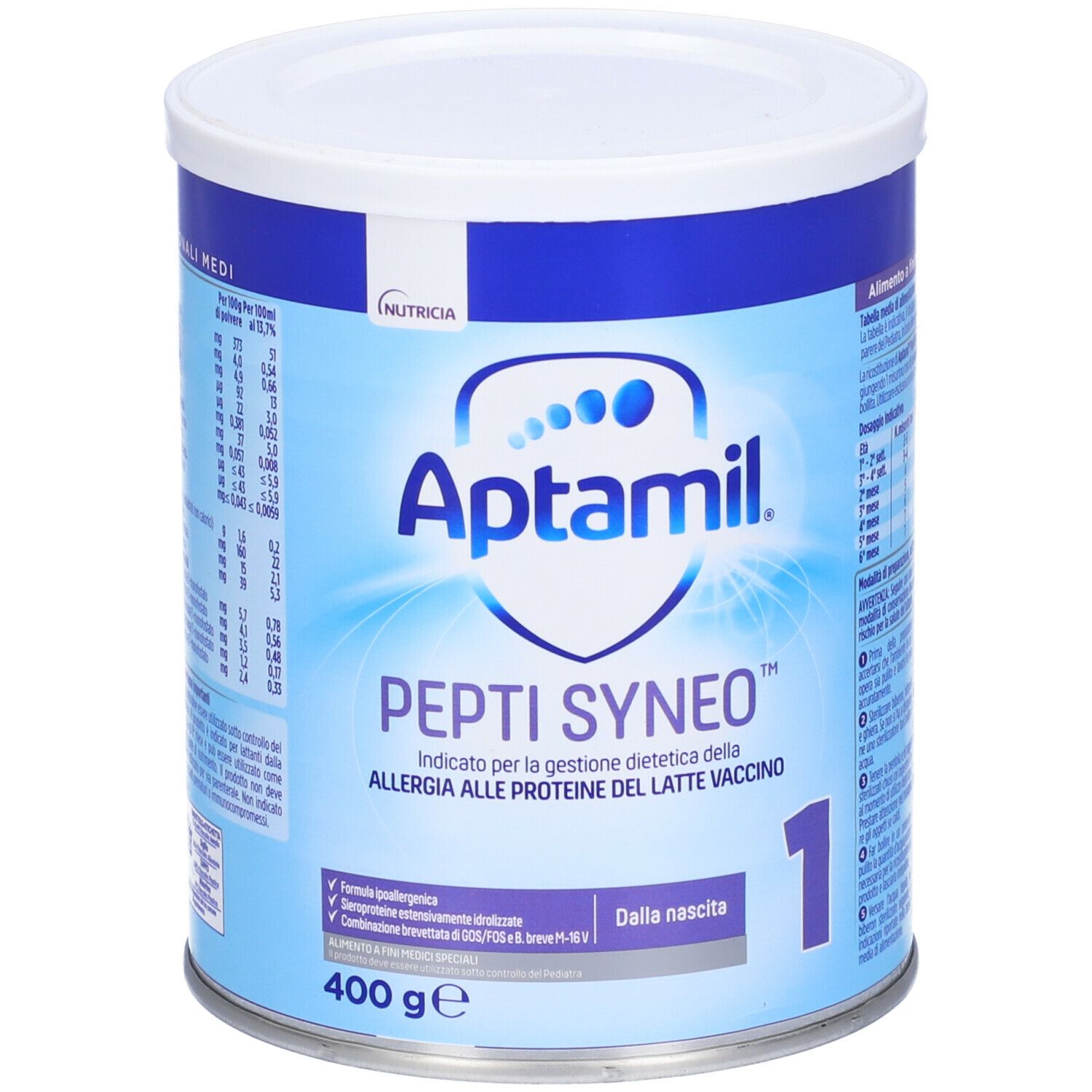 Lattina Aptamil Pepti Syneo 1 Polvere. Scritta 'Dalla nascita'. 400g. Valori nutrizionali.