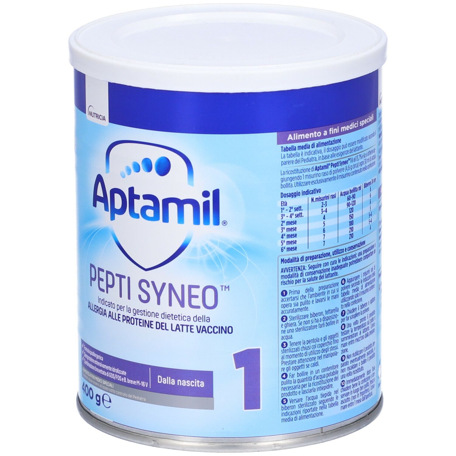 Lattina Aptamil Pepti Syneo 1 Polvere. Scritta 'Dalla nascita'. 400g. Istruzioni per il dosaggio.