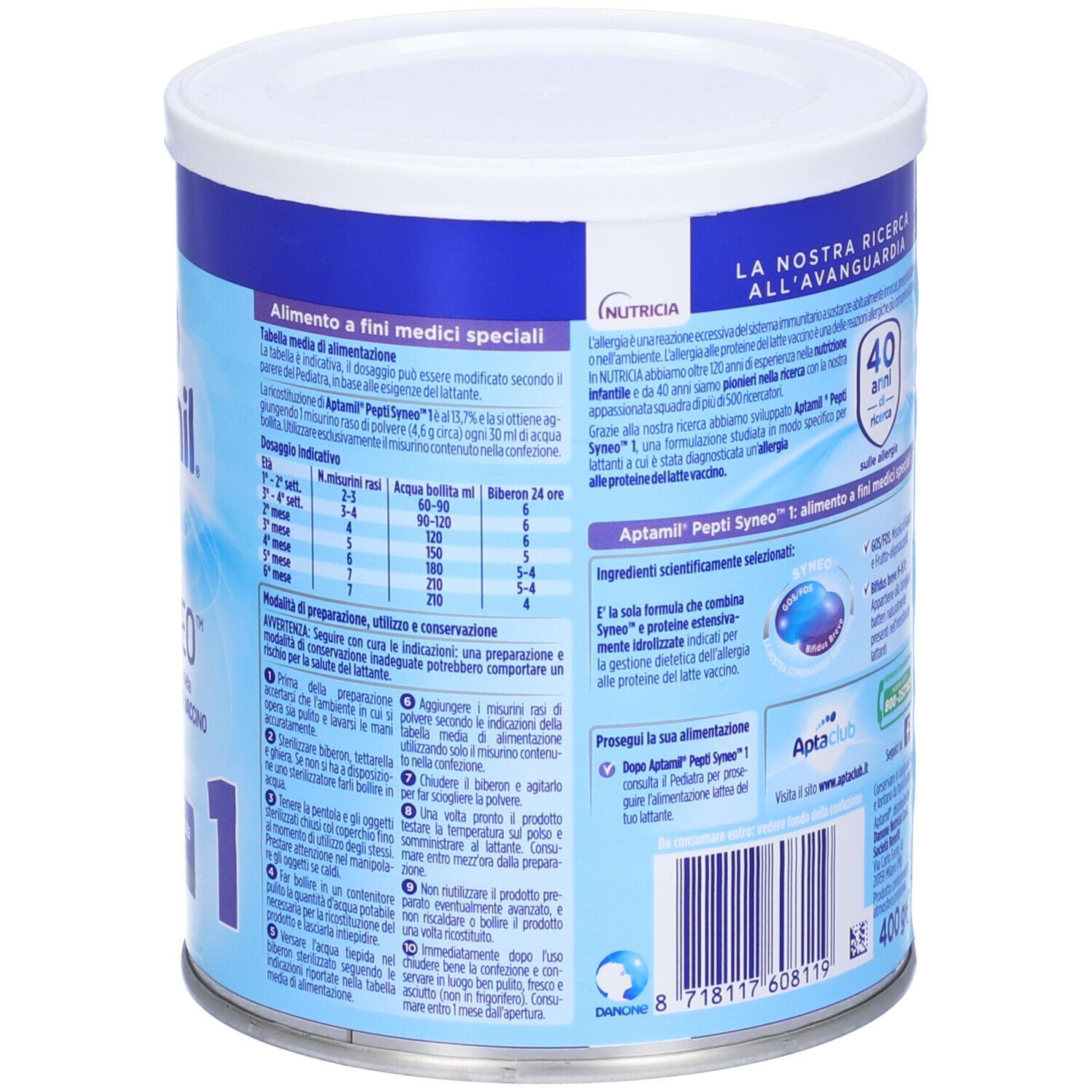 Retro della lattina Aptamil Pepti Syneo 1 Polvere. Dosaggio, ingredienti e informazioni. 400g.