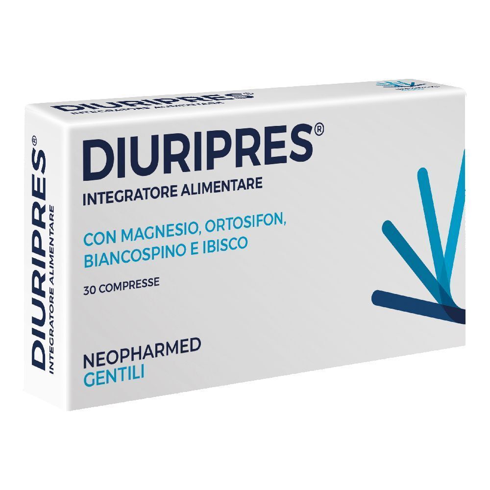 Scatola bianca "DIURIPRES". Contiene 30 compresse. Ingredienti: magnesio, ortosifon, biancospino e ibisco. Marca: Neopharmed Gentili.