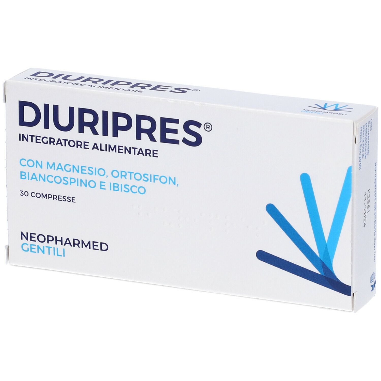 Scatola bianca "DIURIPRES". Contiene 30 compresse. Ingredienti: magnesio, ortosifon, biancospino e ibisco. Marca: Neopharmed Gentili.