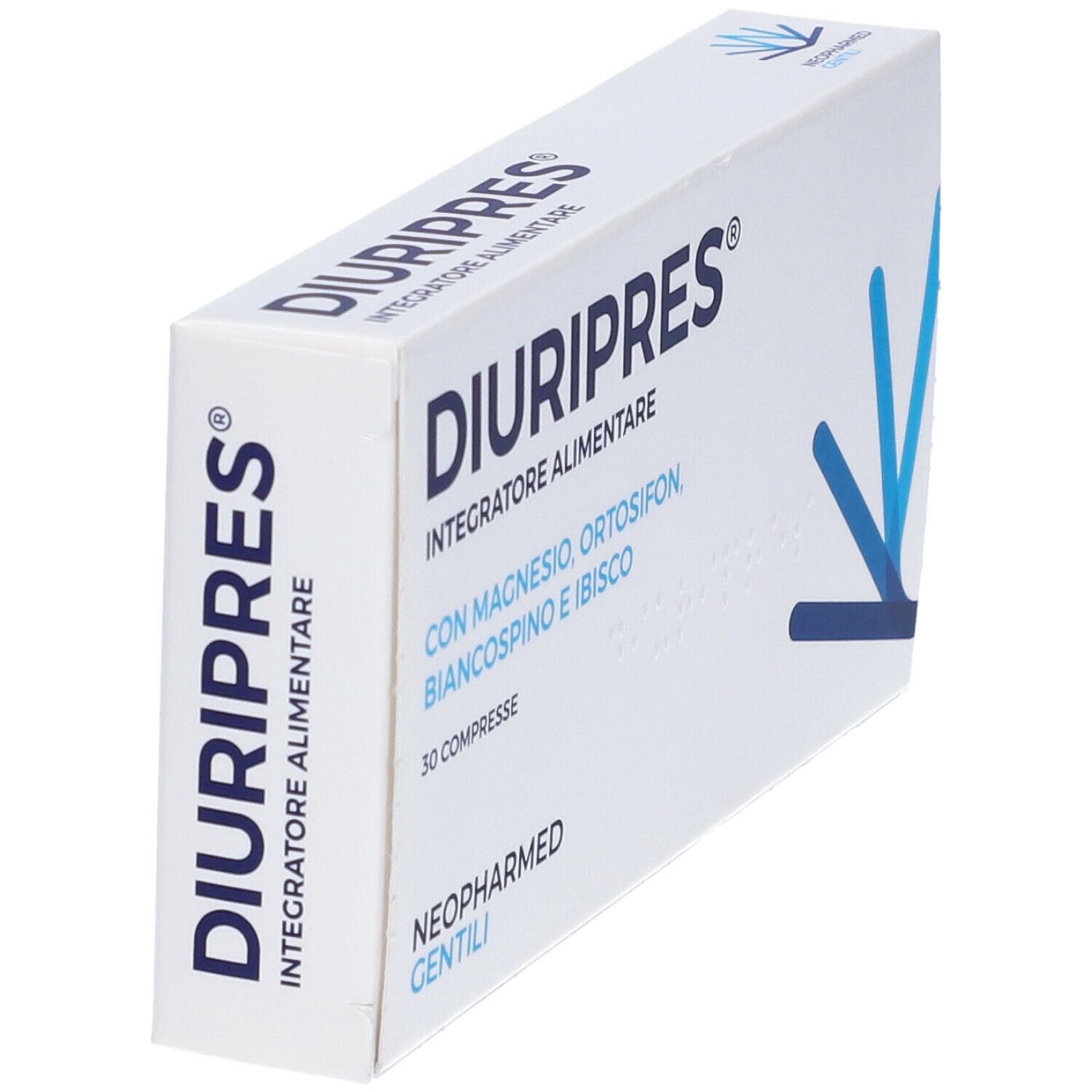 Scatola bianca "DIURIPRES". Contiene 30 compresse. Ingredienti: magnesio, ortosifon, biancospino e ibisco. Marca: Neopharmed Gentili.