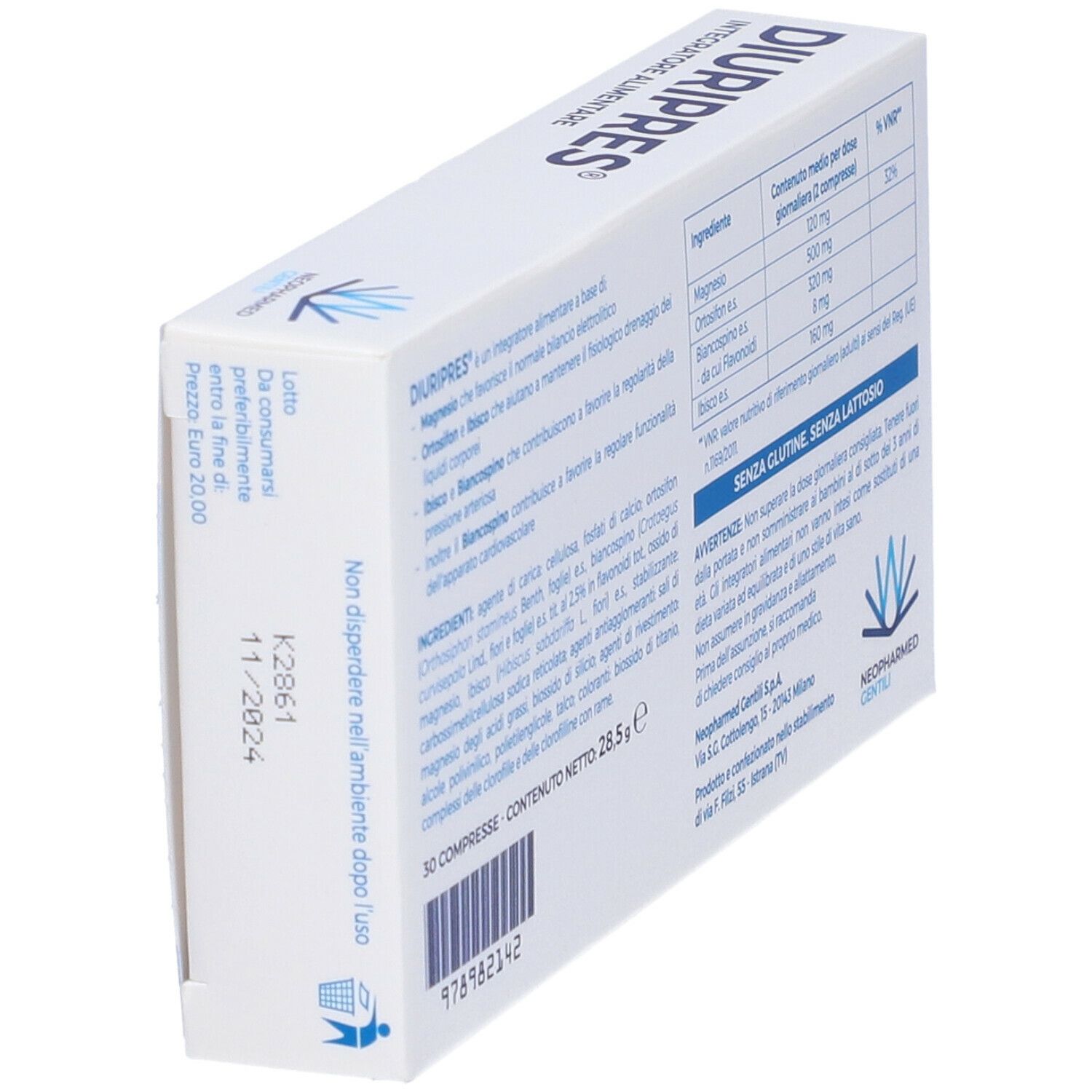 Scatola "DIURIPRES" con informazioni su ingredienti e dosaggio. Contiene 30 compresse. Marca: Neopharmed Gentili.