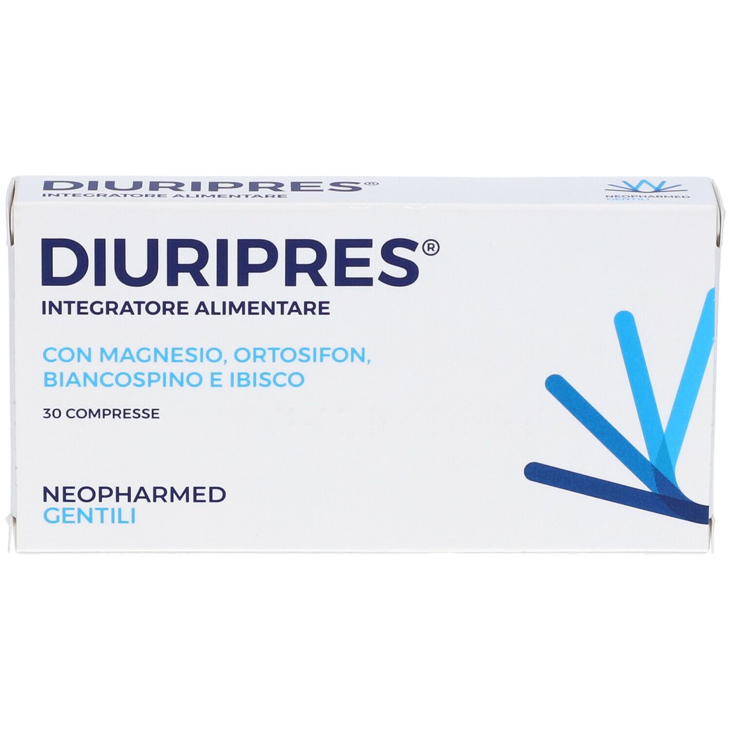 Scatola bianca "DIURIPRES". Contiene 30 compresse. Ingredienti: magnesio, ortosifon, biancospino e ibisco. Marca: Neopharmed Gentili.