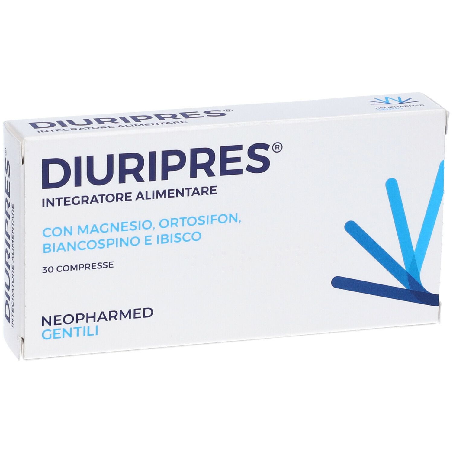 Scatola bianca "DIURIPRES". Contiene 30 compresse. Ingredienti: magnesio, ortosifon, biancospino e ibisco. Marca: Neopharmed Gentili.