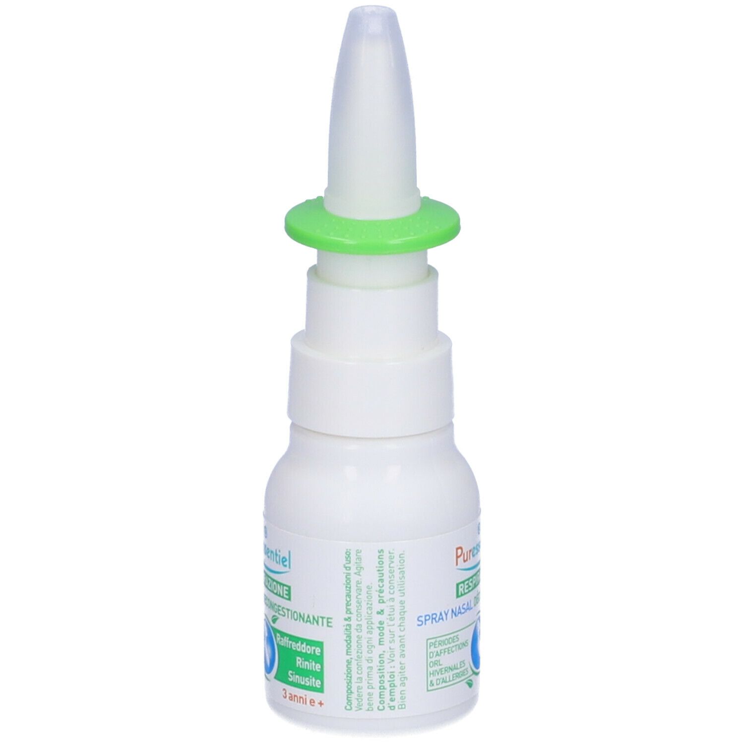 Flacone bianco con anello verde e beccuccio spray. Scritta: Puressentiel, Spray nasal décongestionnant.