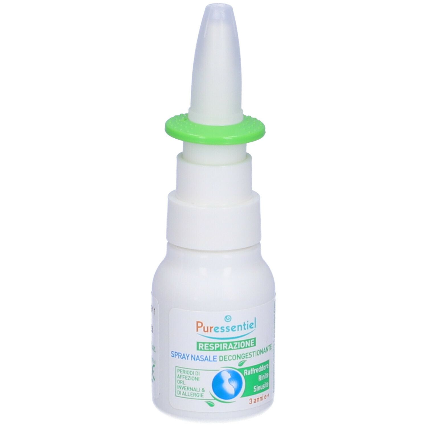 Flacone bianco con anello verde e beccuccio spray. Scritta: Puressentiel, Spray nasal décongestionnant.