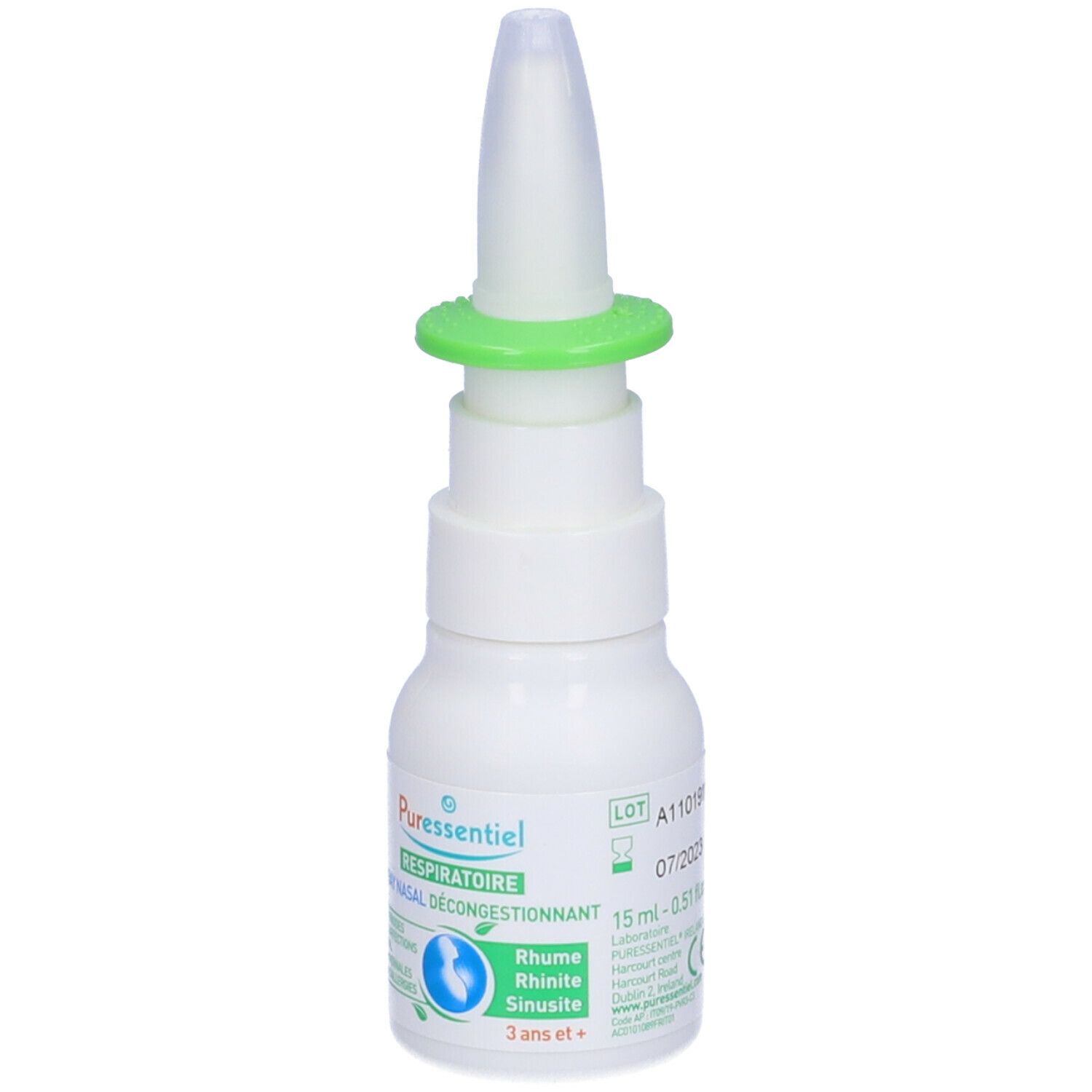 Flacone bianco con anello verde e beccuccio spray. Scritta: Puressentiel, Spray nasal décongestionnant.