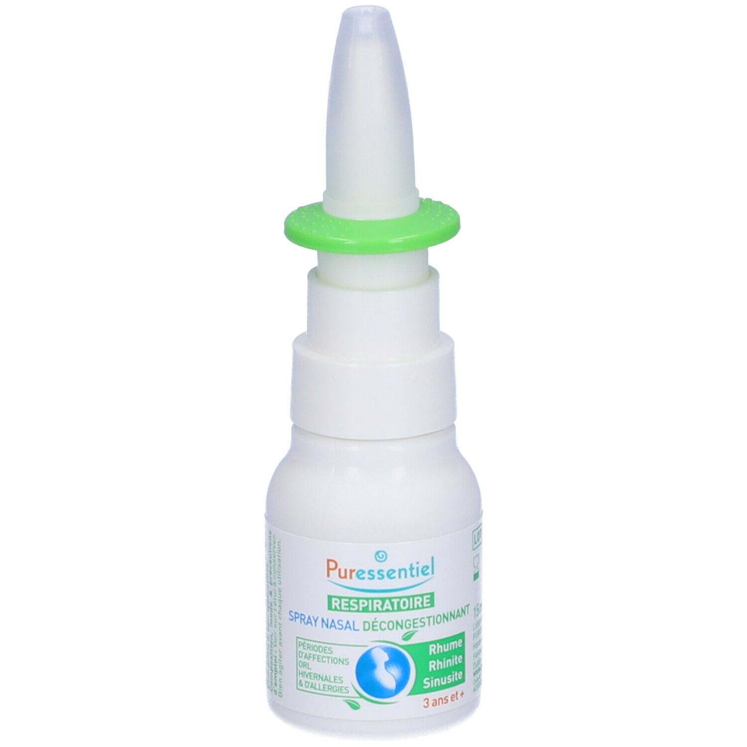 Flacone bianco con anello verde e beccuccio spray. Scritta: Puressentiel, Spray nasal décongestionnant.