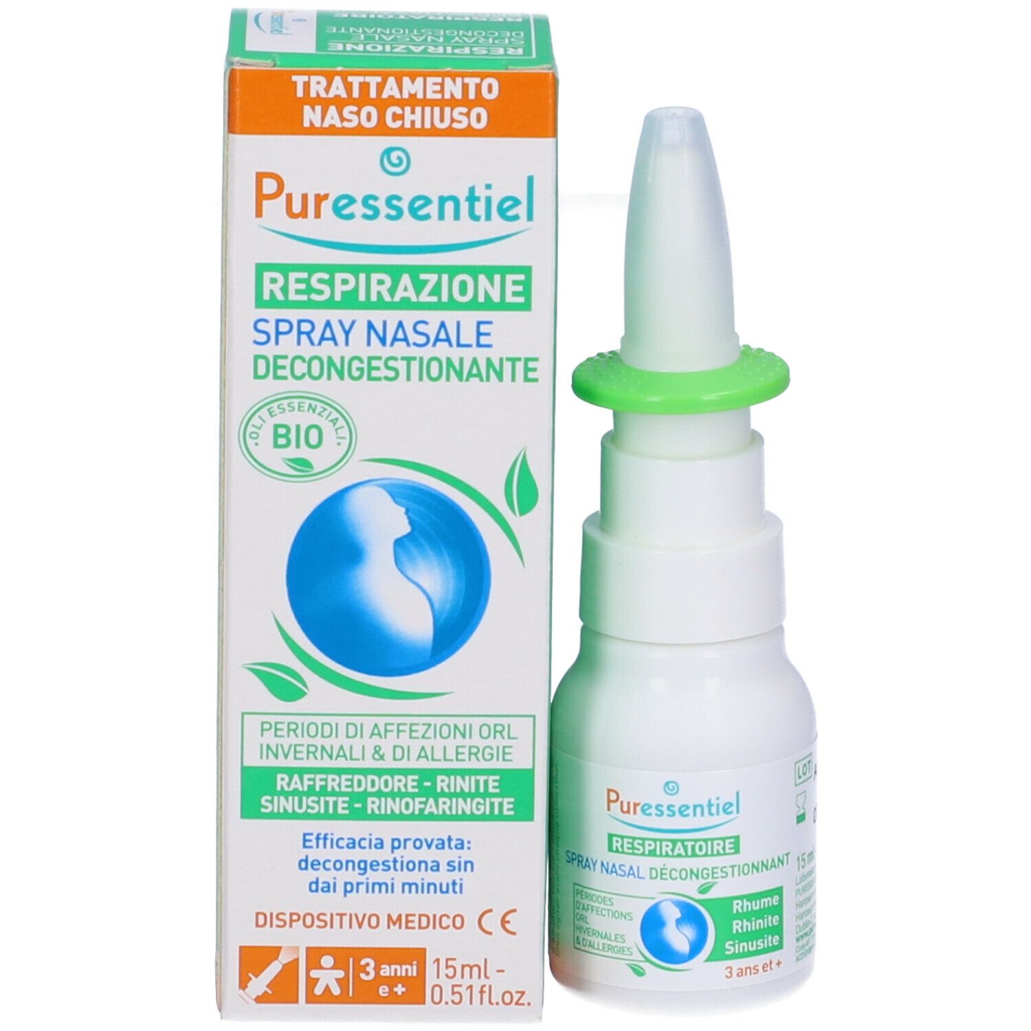 Flacone bianco con anello verde e beccuccio spray. Scritta: Puressentiel, Spray nasal décongestionnant. Con scatola.
