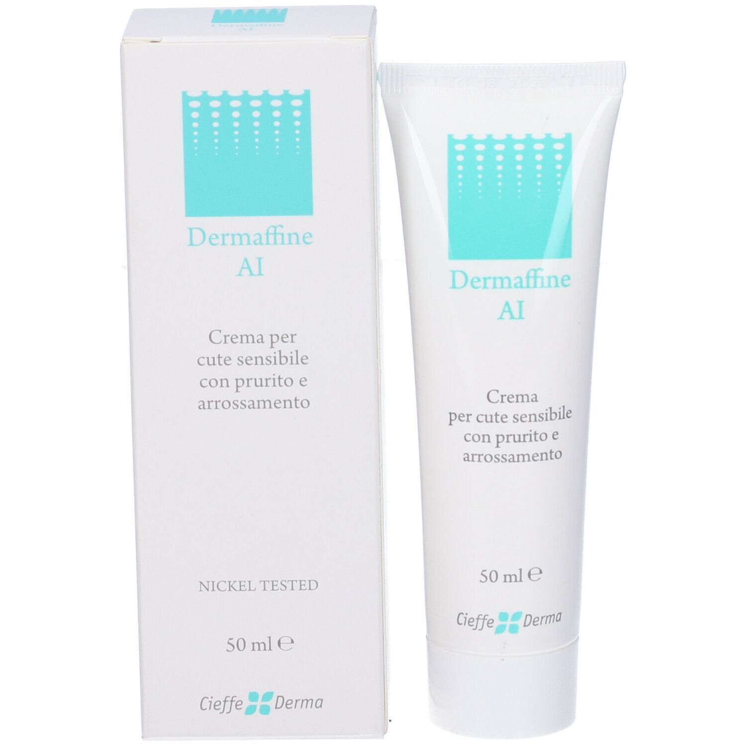 Tubo e scatola di crema Dermaffine AI. Contiene 50 ml. Nickel tested.