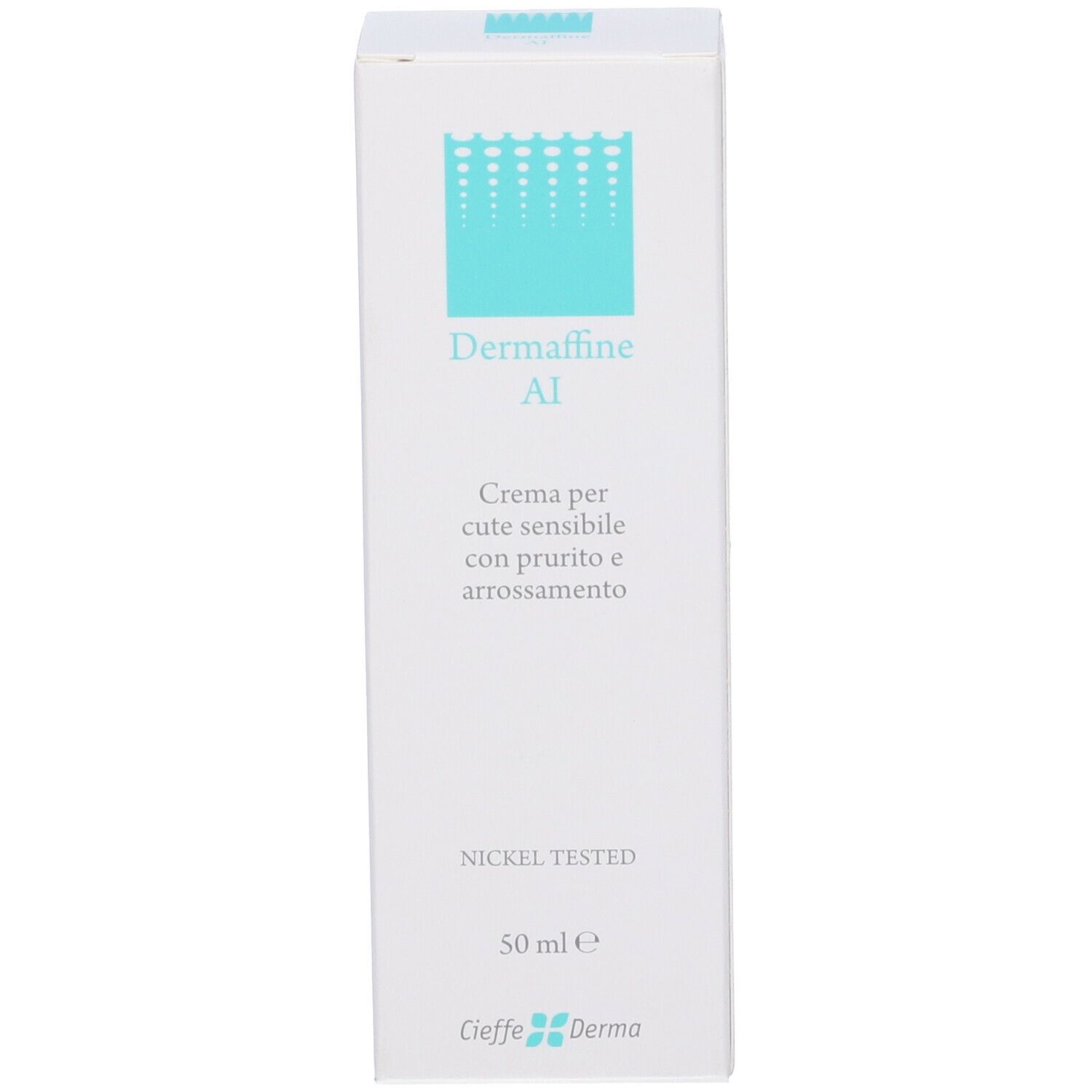 Scatola bianca con Dermaffine AI. Contiene 50 ml. Nickel tested.