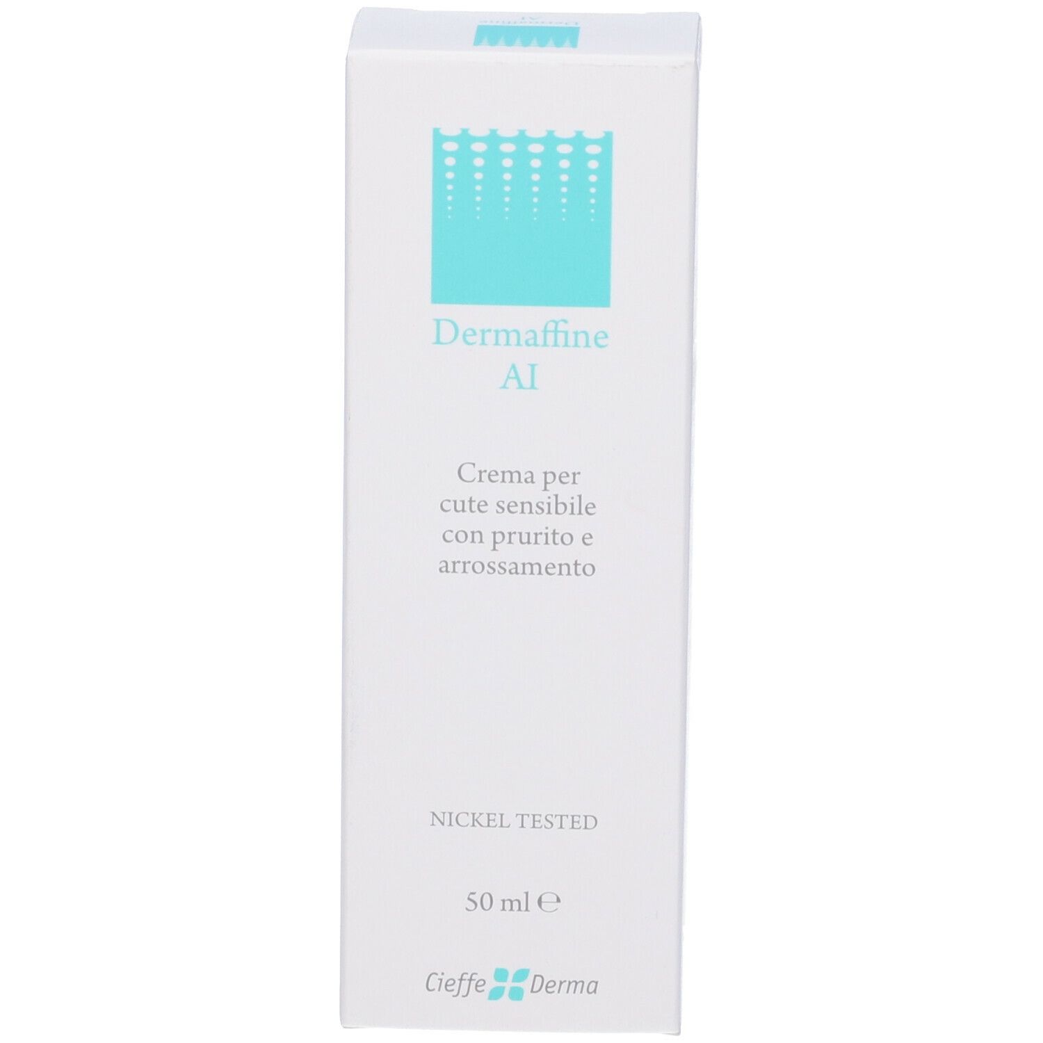 Scatola bianca con Dermaffine AI. Contiene 50 ml. Nickel tested.