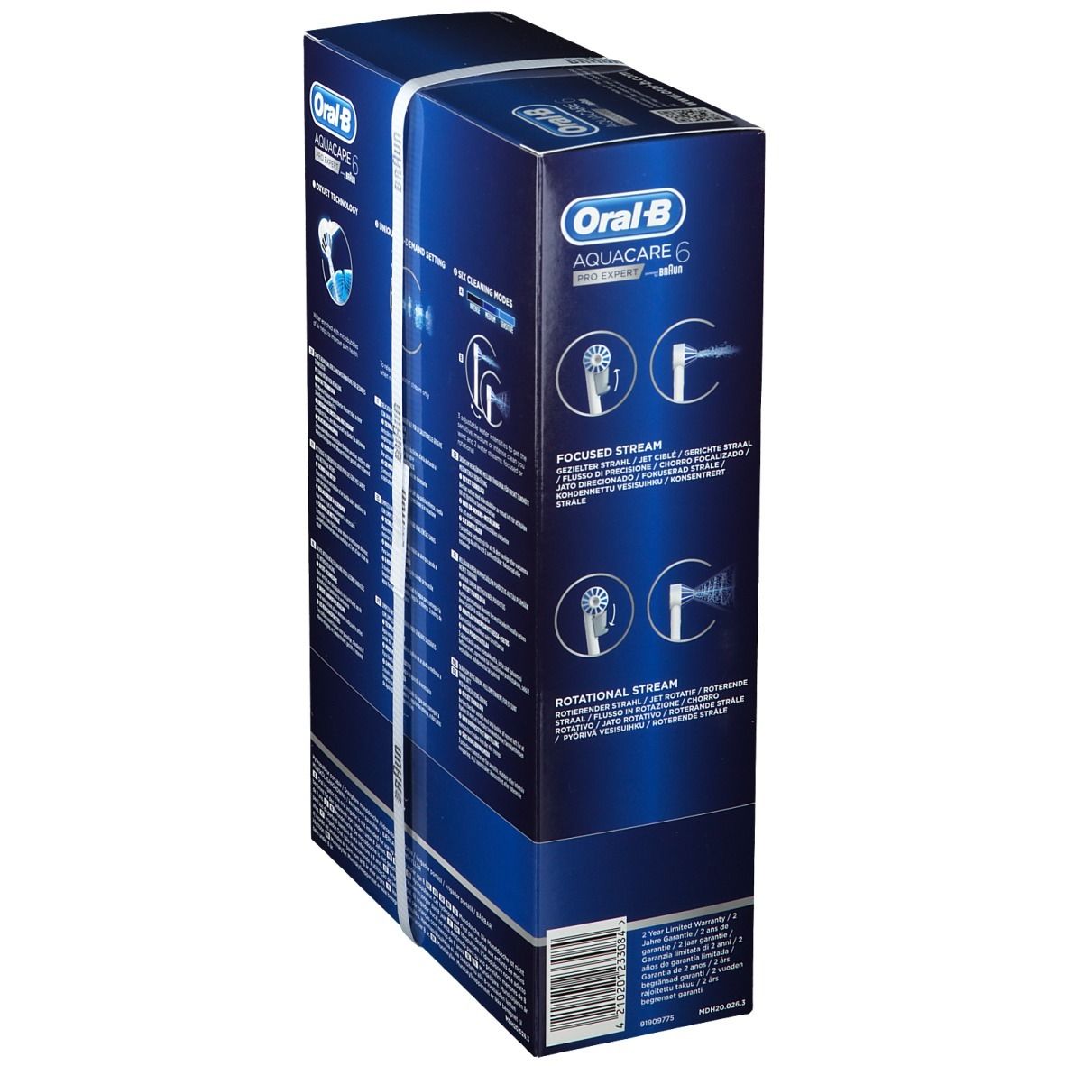 Verpackung Oral-B Aquacare 6 Pro-Expert. Blaue Box mit weißem Band. Rückseite mit Text und Produktabbildungen.