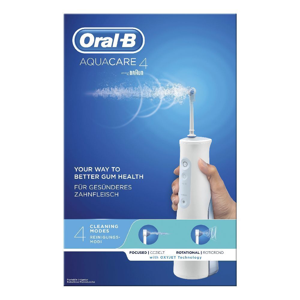 Confezione blu e bianca. Oral-B Aquacare 4, Braun. Testo: Your way to better gum health. 4 modalità di pulizia.