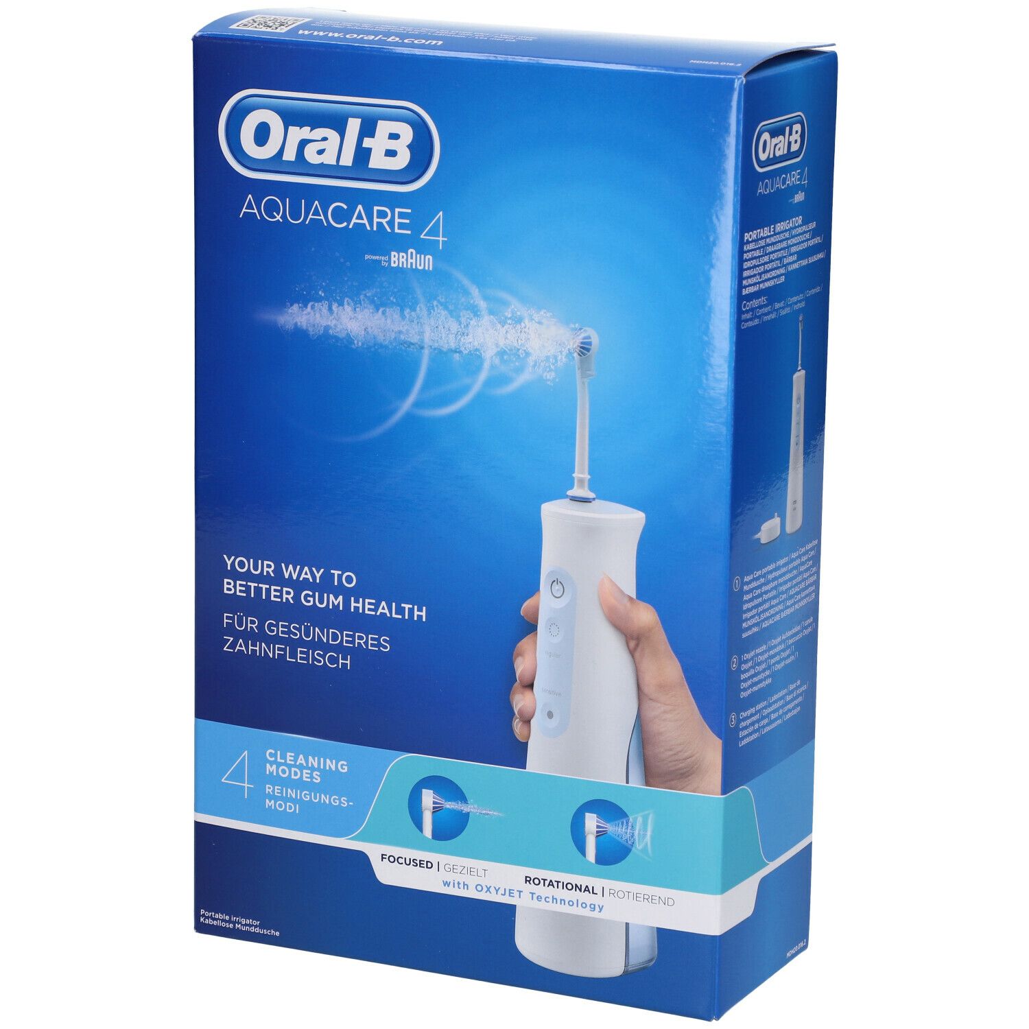 Confezione. Oral-B Aquacare 4, Braun. Testo: Your way to better gum health. 4 modalità di pulizia. Vista del prodotto.